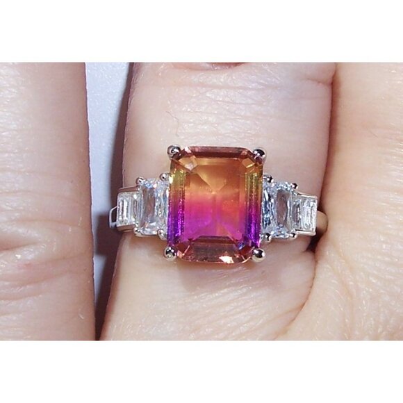 925 STERLING SILVER Emerald Cut Gradient Cubic Zirconia Ring - Picture 4 of 16